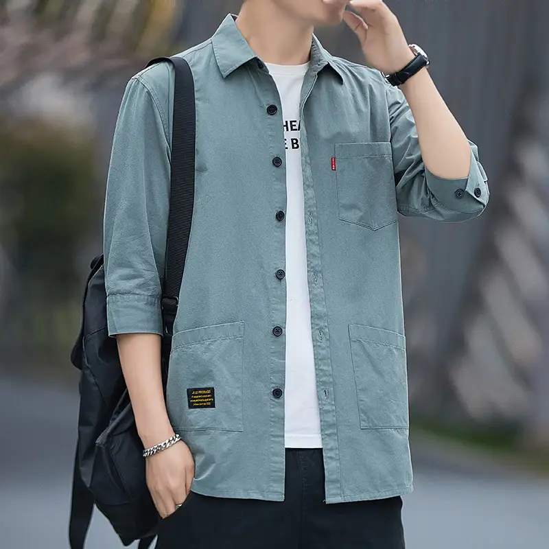 Men Blue Cotton Mid-Sleeve Shirt Casual All-Match