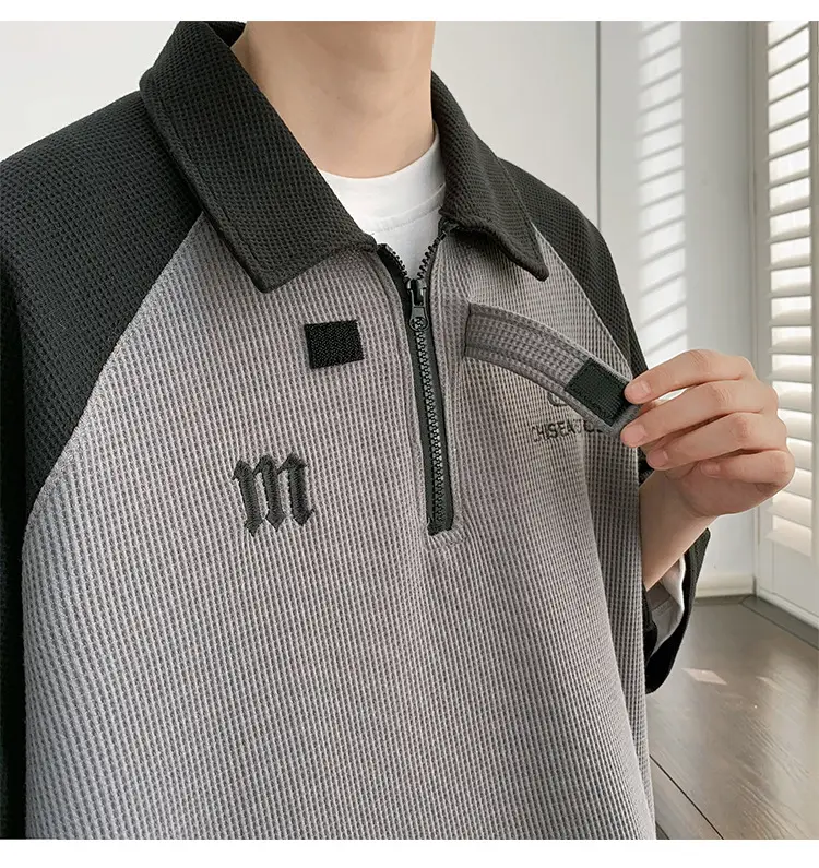 Men Waffle Polo Shirt Grey Black Niche Design — feature 15