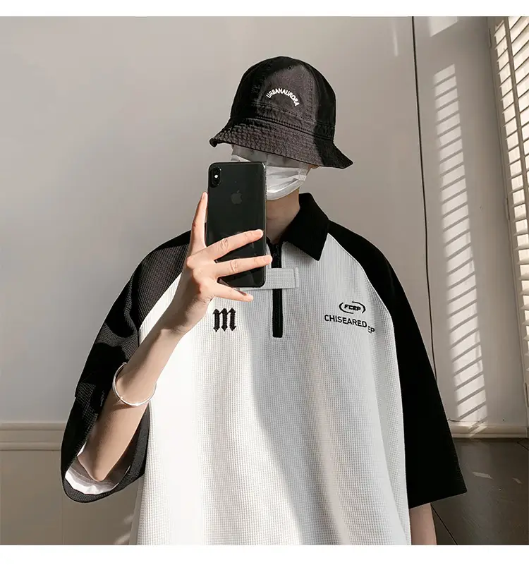 Men Waffle Polo Shirt Grey Black Niche Design — feature 3