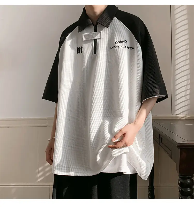 Men Waffle Polo Shirt Grey Black Niche Design — feature 5