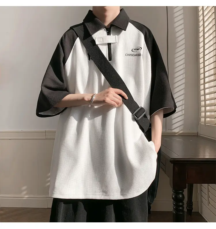 Men Waffle Polo Shirt Grey Black Niche Design — feature 6