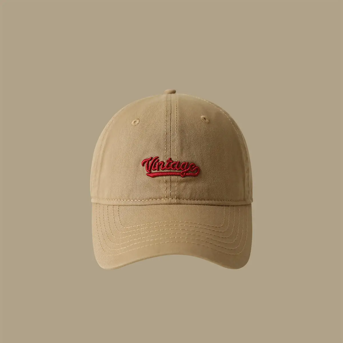 Men's Beige Vintage Red Embroidered Cap - Image 2