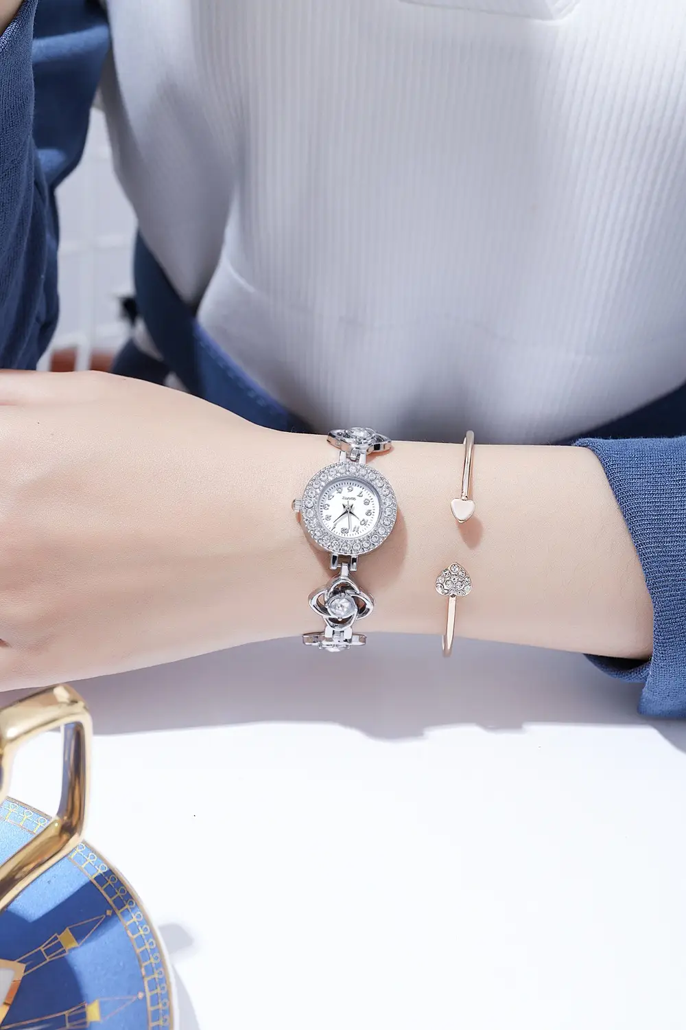Ladies Rhinestone Bracelet Watch with Heart Charm — feature 5