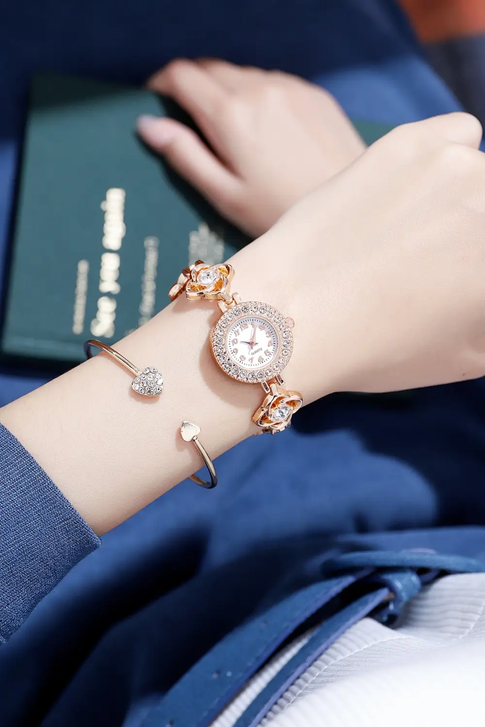 Ladies Rhinestone Bracelet Watch with Heart Charm — feature 7
