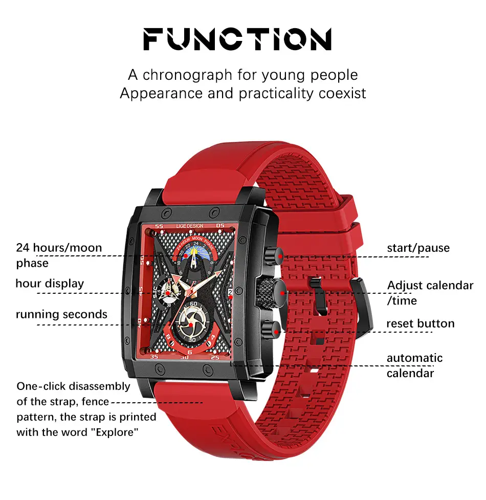 Men's Blue Silicone Moon Watch with Multi-Function Display — feature 6