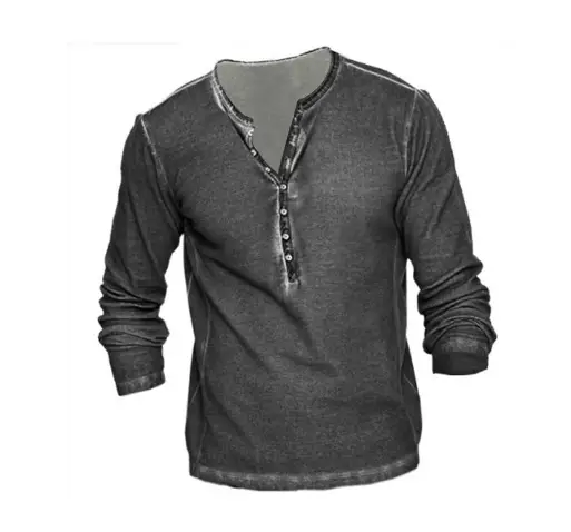Maroon Long Sleeve Men's T-Shirt with Collar Print - Image 2