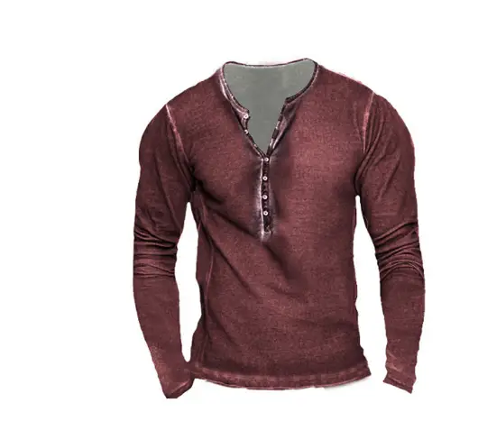 Maroon Long Sleeve Men's T-Shirt with Collar Print - Image 3