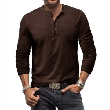 Maroon Long Sleeve Men's T-Shirt with Collar Print - Image 8