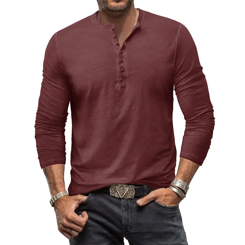 Maroon Long Sleeve Men's T-Shirt with Collar Print - Image 9