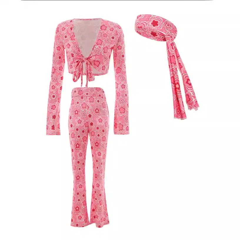 Pink Printed 3-Piece Women's T-Shirt Pants Suit Set - Image 7