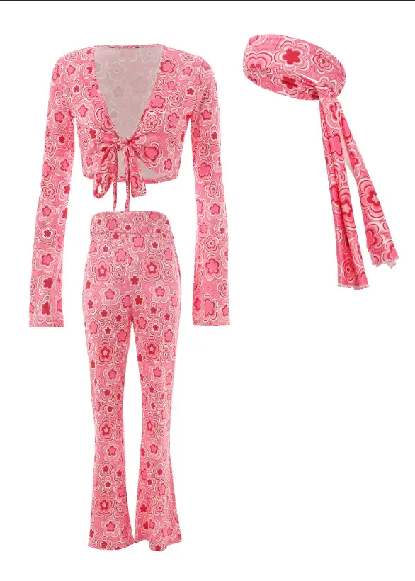 Pink Printed 3-Piece Women's T-Shirt Pants Suit Set - Image 3