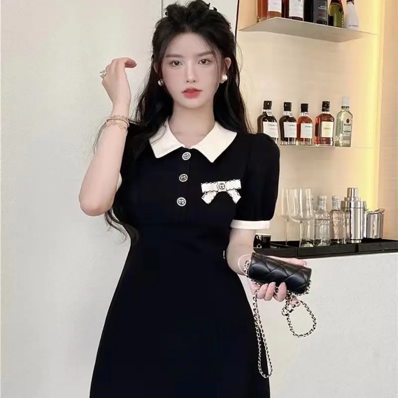 Black Korean Style Preppy Skirt Dress with Polo Collar