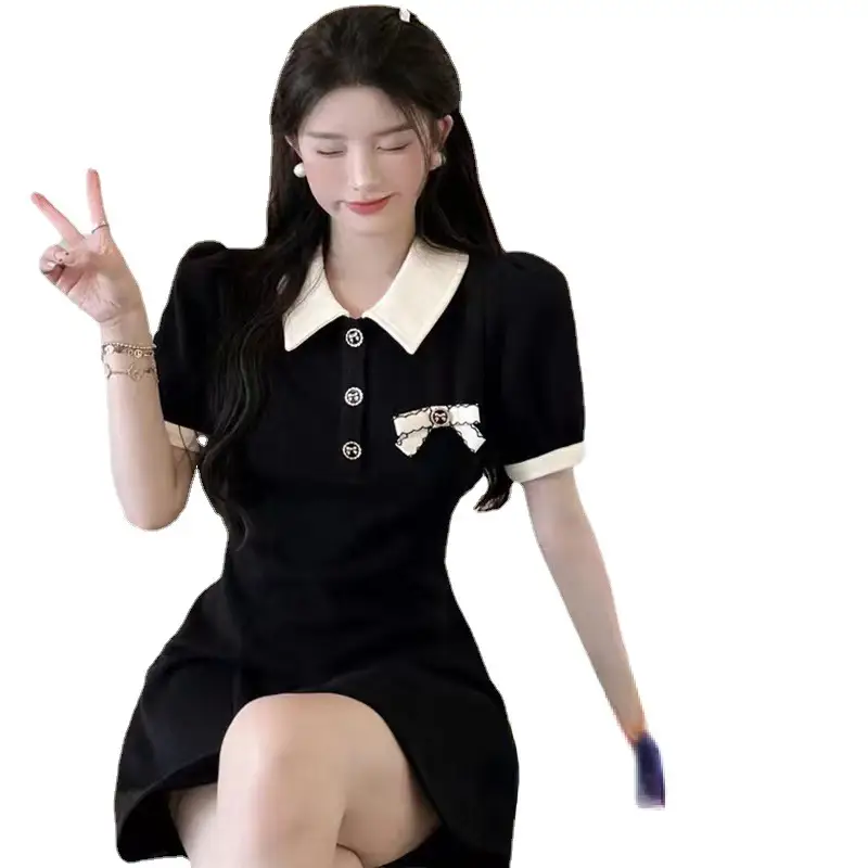 Black Korean Style Preppy Skirt Dress with Polo Collar