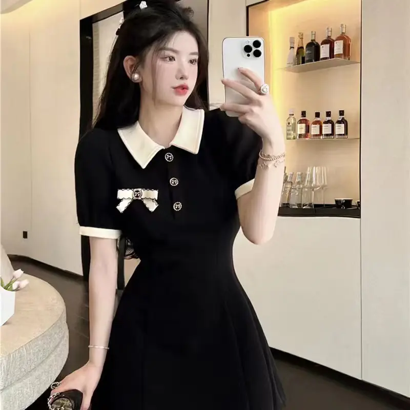 Black Korean Style Preppy Skirt Dress with Polo Collar — feature 6