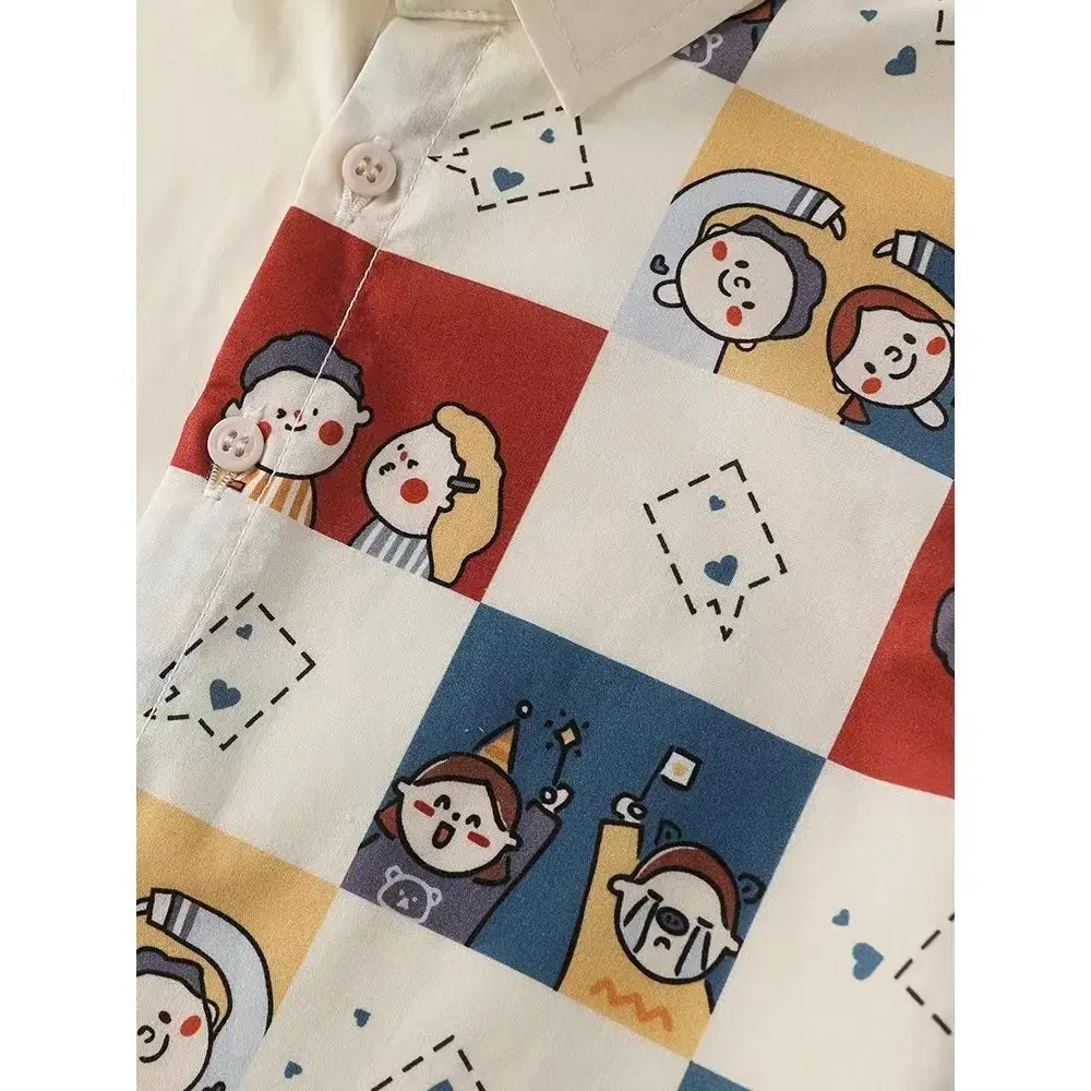 Cute Anime Plaid Short Sleeve Shirt for Kids