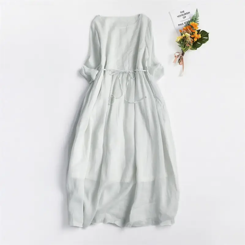 2023 Ramie Embroidered Dress White Lace-Up Waist - Image 7