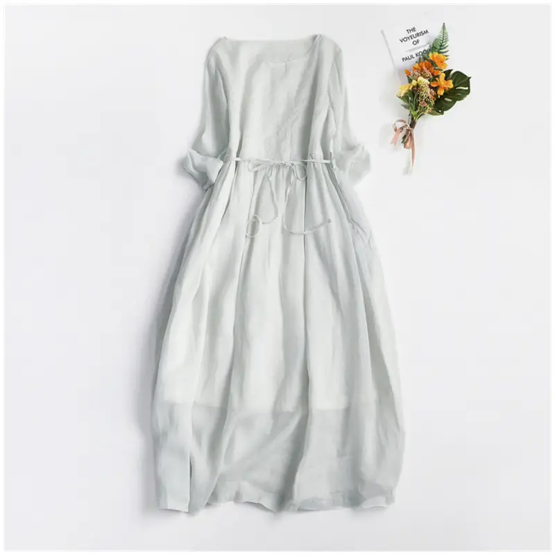 2023 Ramie Embroidered Dress White Lace-Up Waist — feature 6