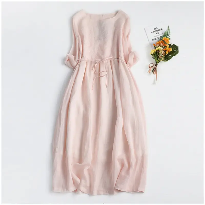 2023 Ramie Embroidered Dress White Lace-Up Waist — feature 9