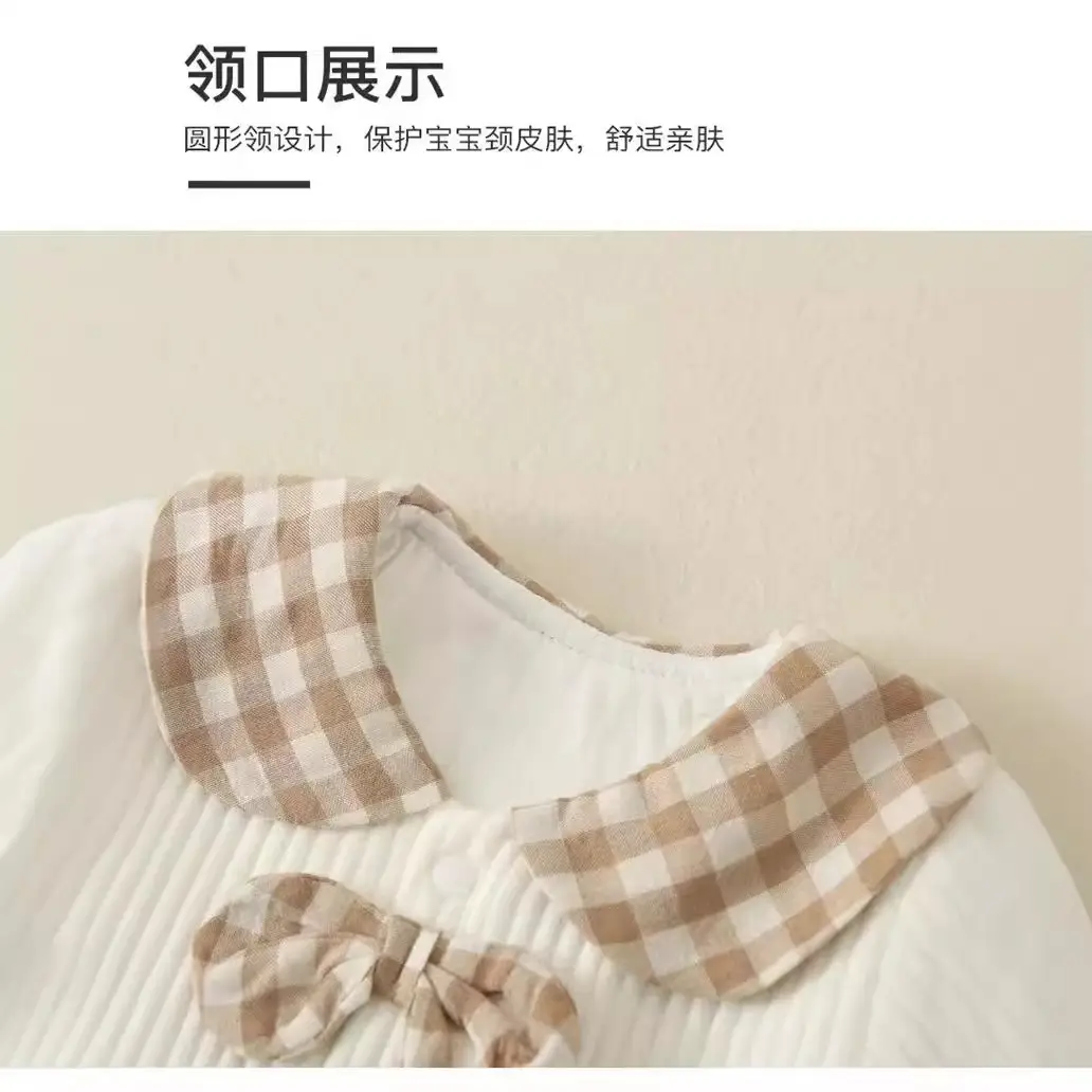 Newborn Romper Suit Plaid Round Neck Cuffs - Image 2
