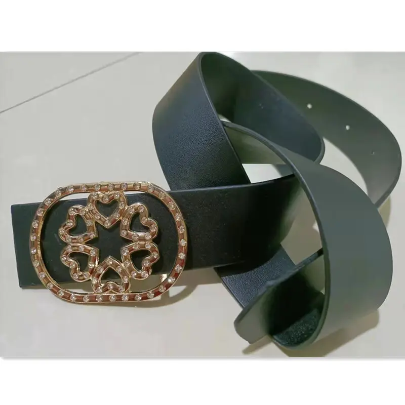Women's Black Leather Belt with Crystal Headband