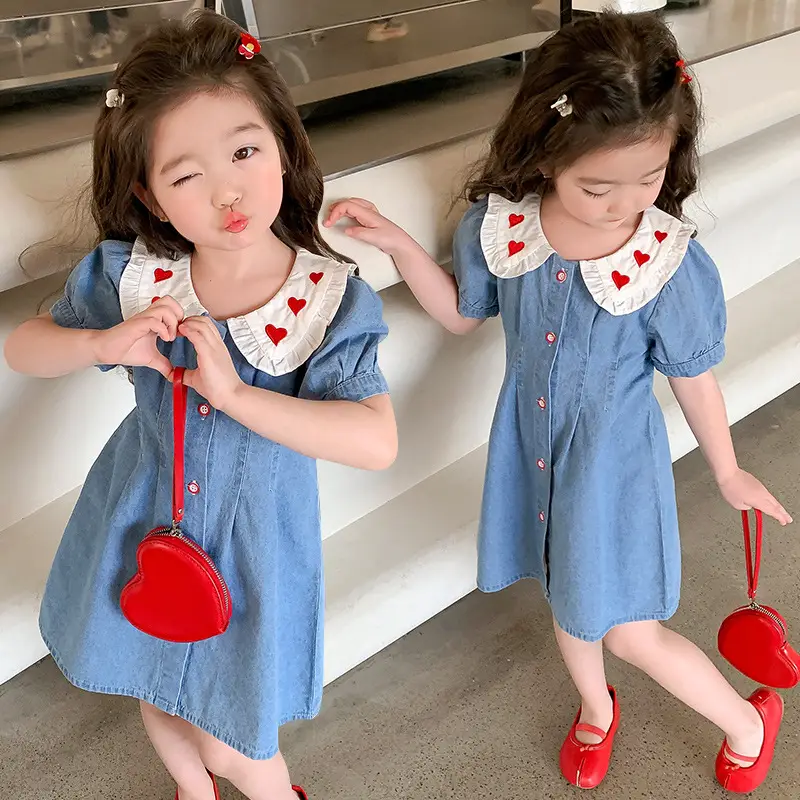 Girls Denim Skirt Blue Heart Collar Medium Small - Image 3