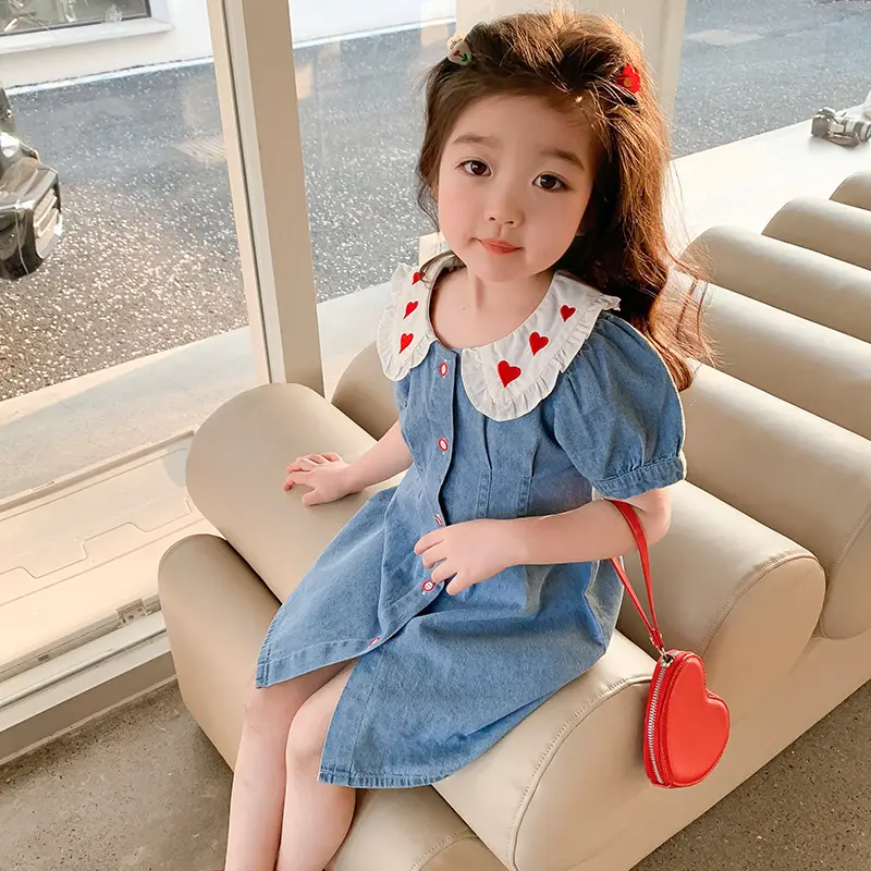 Girls Denim Skirt Blue Heart Collar Medium Small - Image 4