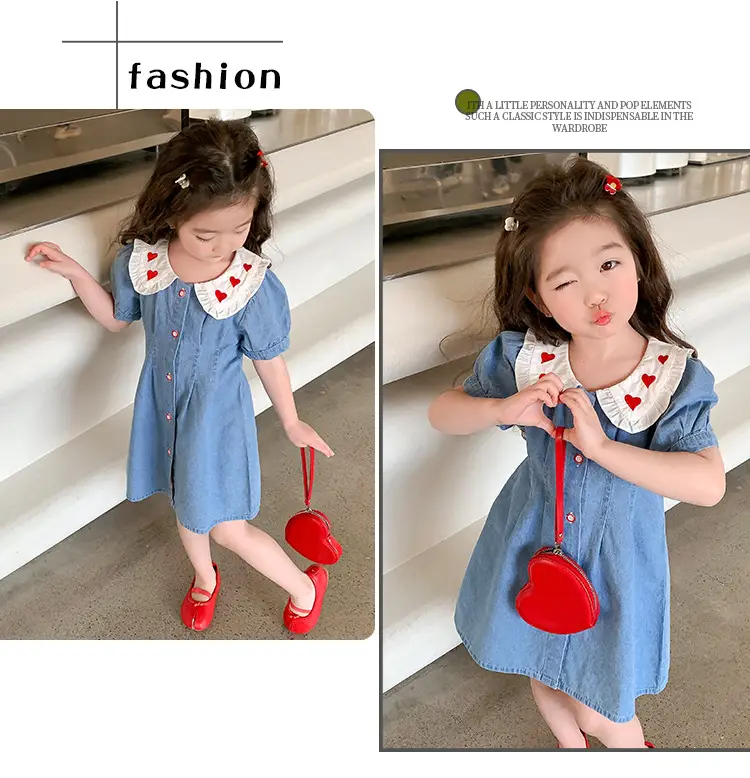Girls Denim Skirt Blue Heart Collar Medium Small — feature 11
