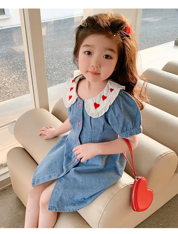 Girls Denim Skirt Blue Heart Collar Medium Small — feature 12