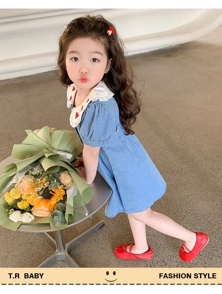 Girls Denim Skirt Blue Heart Collar Medium Small — feature 15