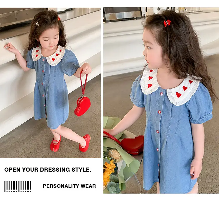 Girls Denim Skirt Blue Heart Collar Medium Small — feature 16