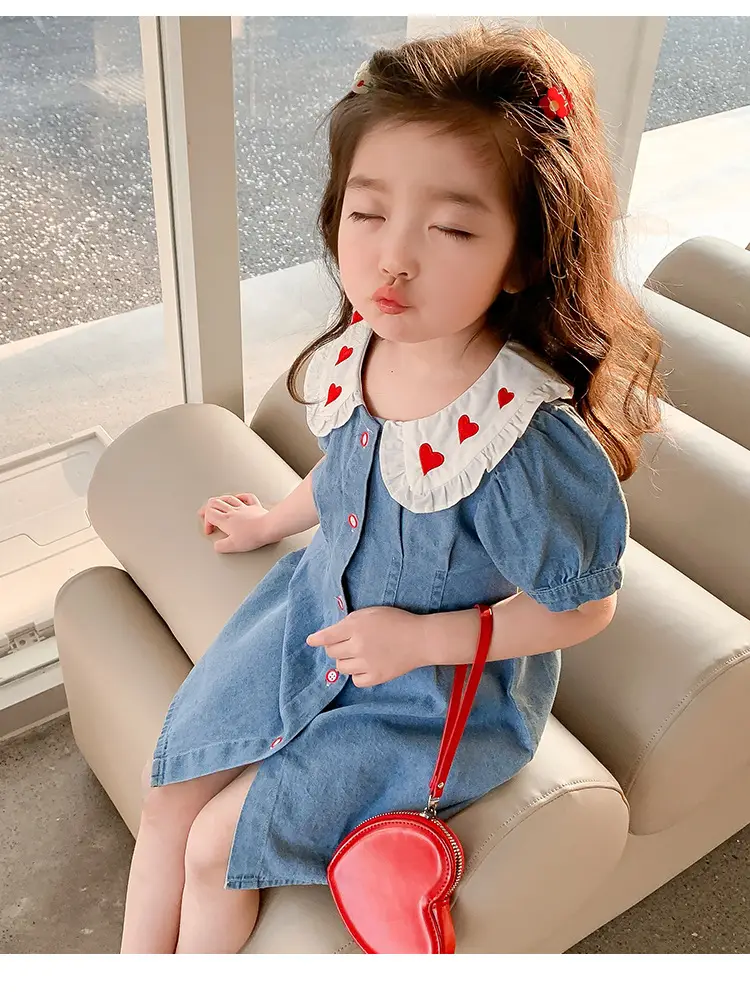 Girls Denim Skirt Blue Heart Collar Medium Small — feature 17