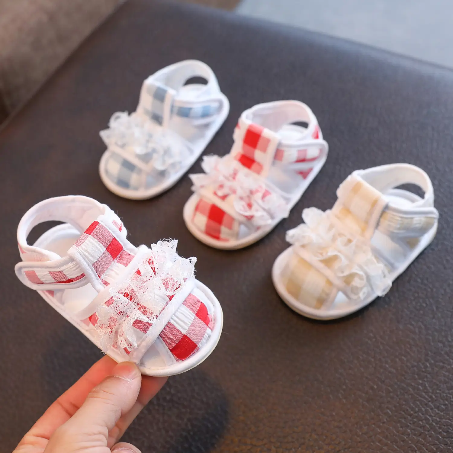 Baby Sandals Red White Checkered Knitted Soft Rubber