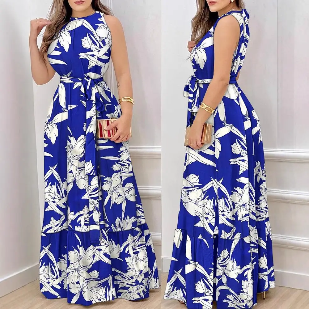 2023 Printed Crew Neck Long Dress Women Orange Blue - Image 3