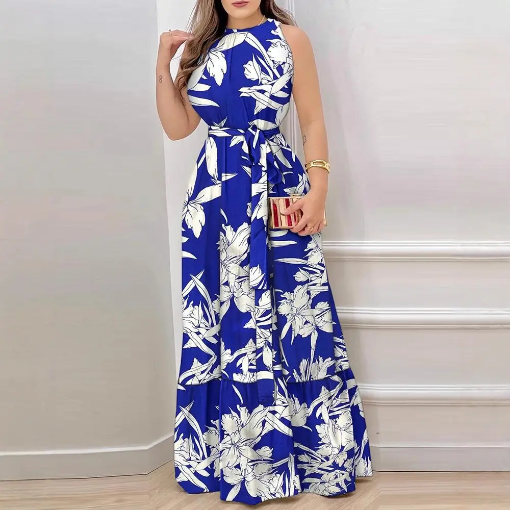 2023 Printed Crew Neck Long Dress Women Orange Blue - Image 4
