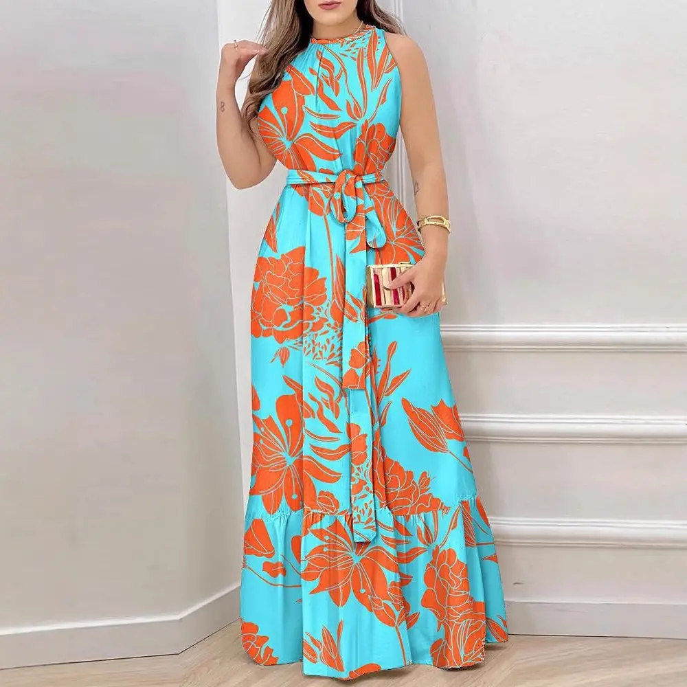 2023 Printed Crew Neck Long Dress Women Orange Blue - Image 5