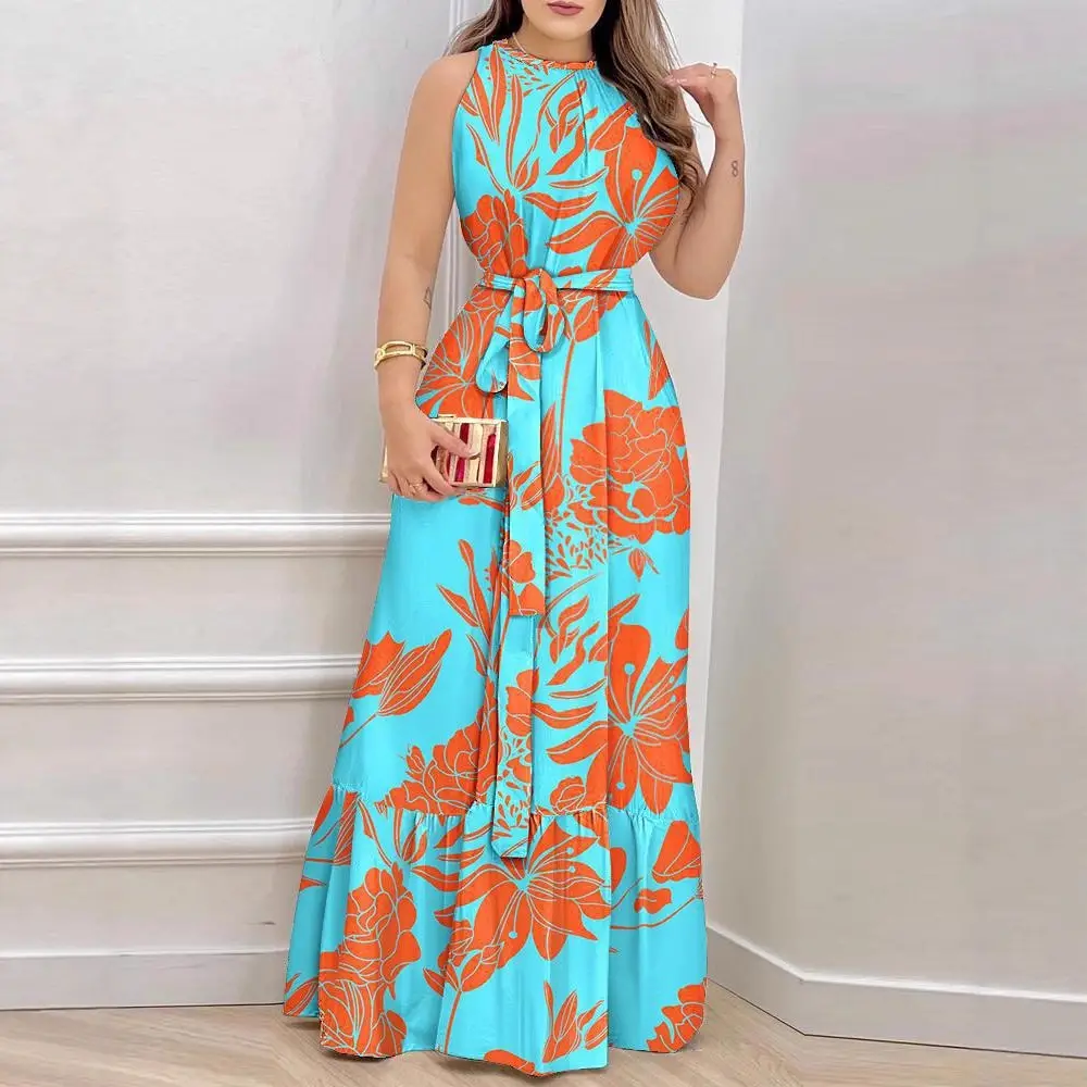 2023 Printed Crew Neck Long Dress Women Orange Blue - Image 6