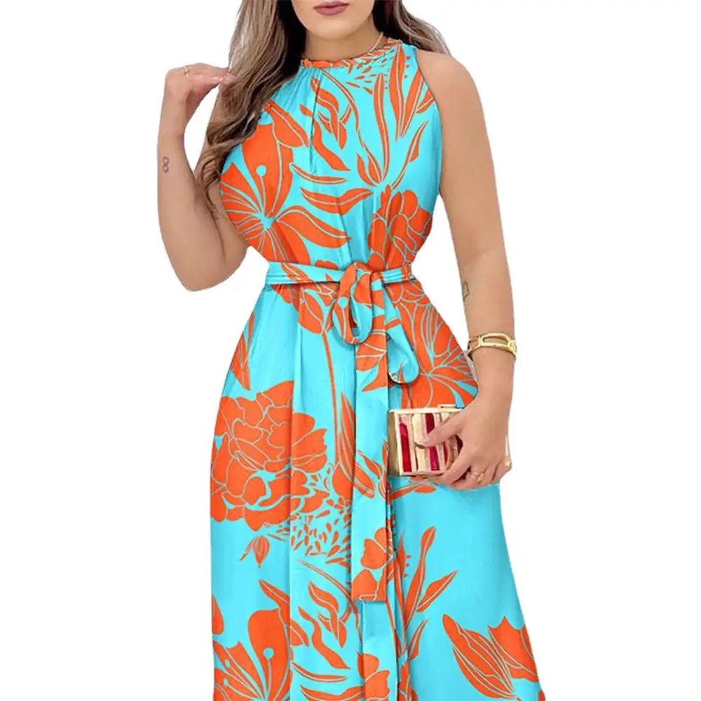 2023 Printed Crew Neck Long Dress Women Orange Blue - Image 7