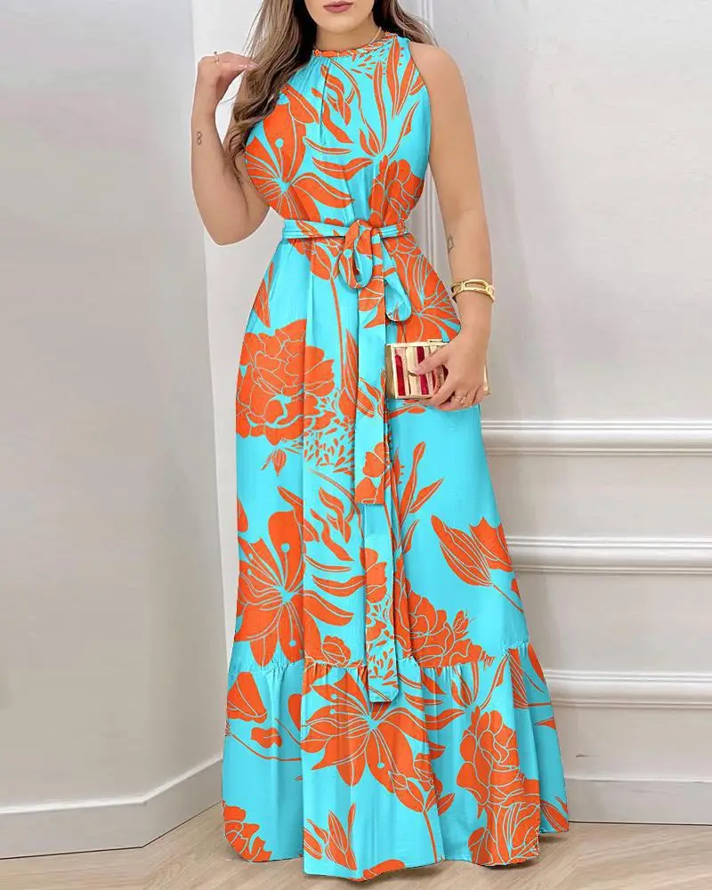 2023 Printed Crew Neck Long Dress Women Orange Blue - Image 2