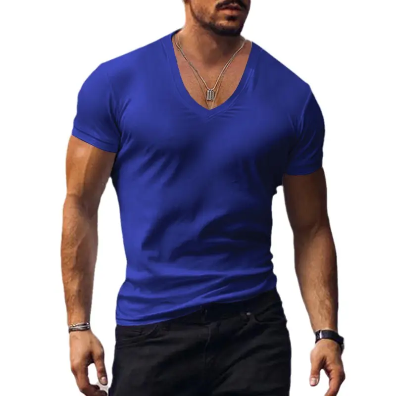 Men V-Neck Pure Color Slim T-Shirt Summer - Image 11