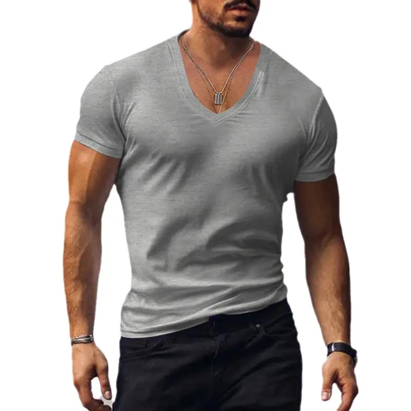 Men V-Neck Pure Color Slim T-Shirt Summer - Image 12