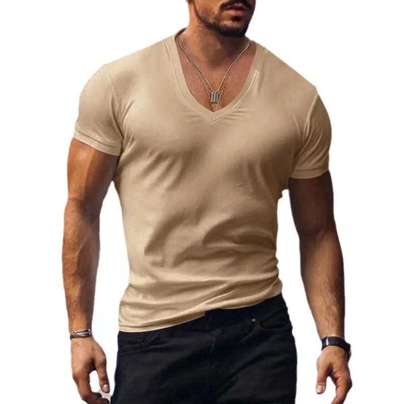 Men V-Neck Pure Color Slim T-Shirt Summer - Image 13