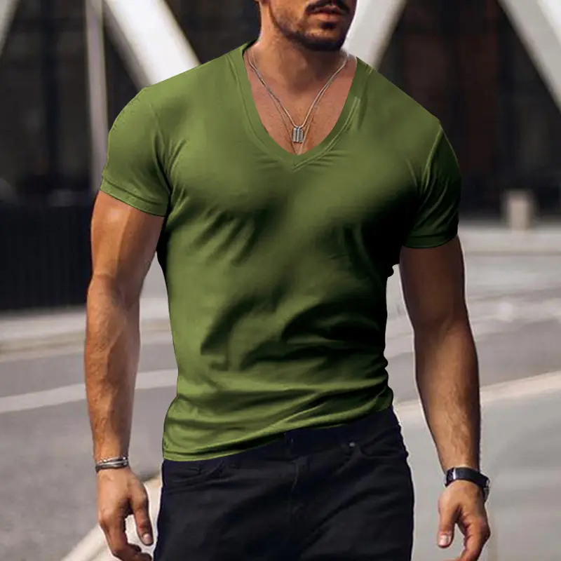 Men V-Neck Pure Color Slim T-Shirt Summer — feature 14