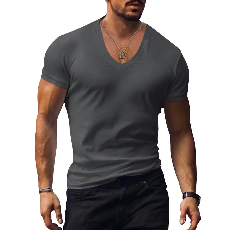 Men V-Neck Pure Color Slim T-Shirt Summer — feature 25