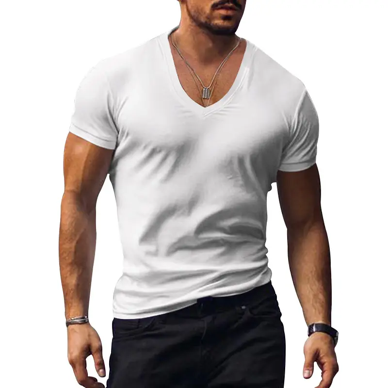 Men V-Neck Pure Color Slim T-Shirt Summer — feature 7