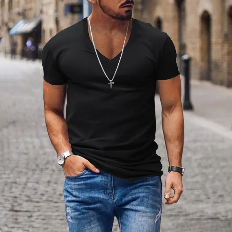 Men V-Neck Pure Color Slim T-Shirt Summer — feature 12