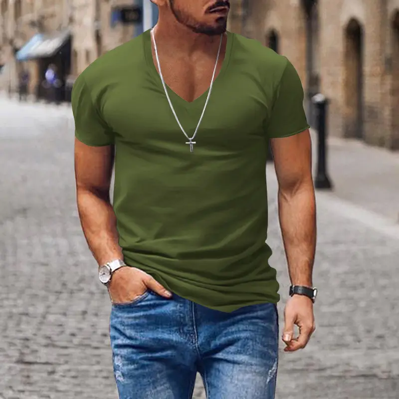Men V-Neck Pure Color Slim T-Shirt Summer - Image 5