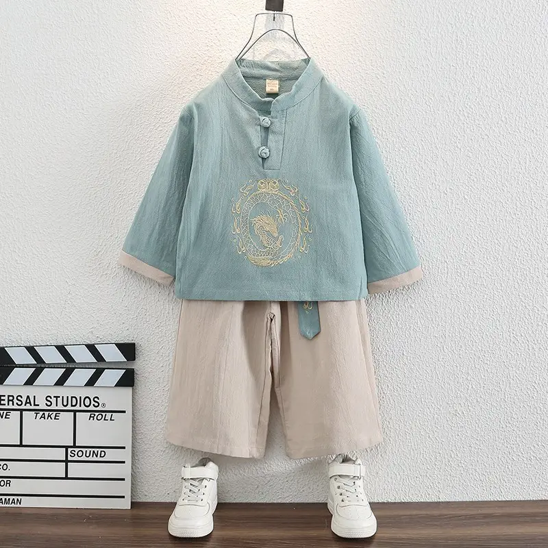 Boys Long Sleeve Tang Suit Set Chinese Dragon Embroidery Tan - Image 2