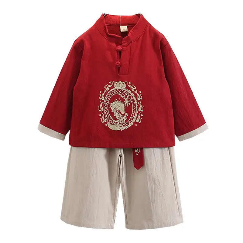 Boys Long Sleeve Tang Suit Set Chinese Dragon Embroidery Tan - Image 6