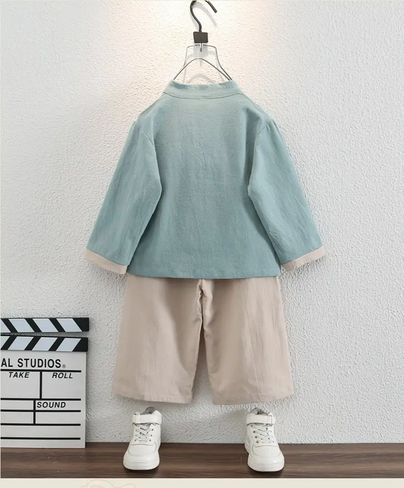 Boys Long Sleeve Tang Suit Set Chinese Dragon Embroidery Tan — feature 8