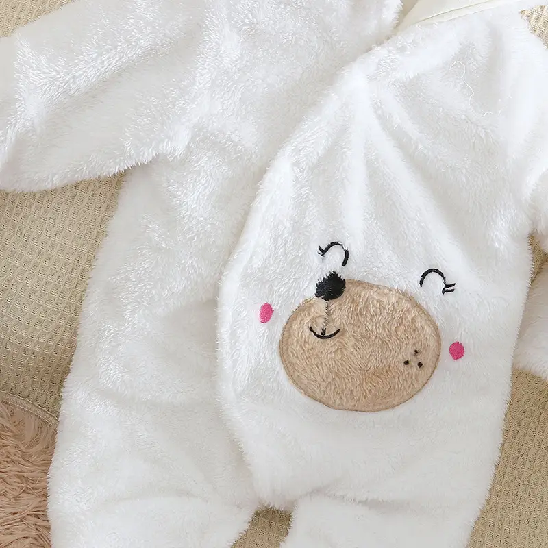 Pink Cartoon Bear Velvet Fleece Baby Hooded Jumpsuit